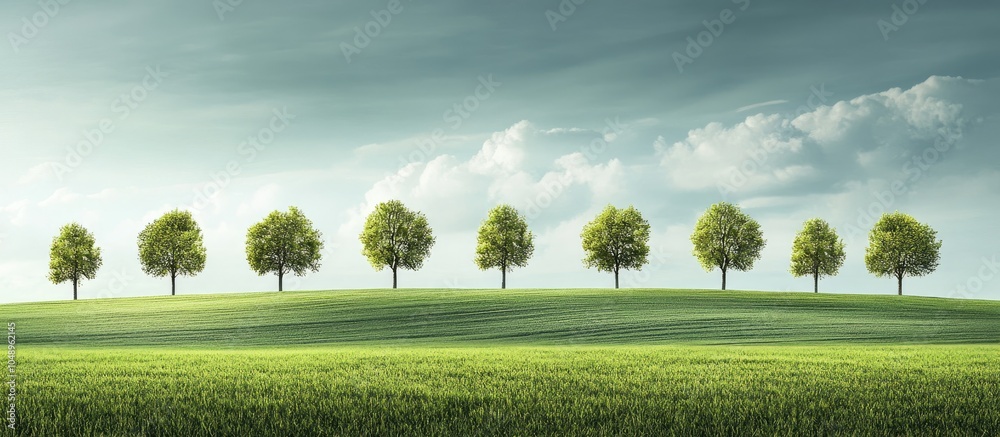 Fototapete agricultural landscape featuring a row of trees on the horizon scene of farmland during springtime. 