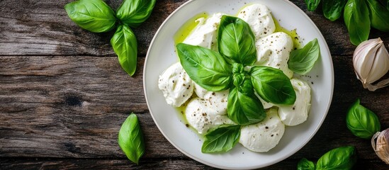 Obraz premium A top view photo of a white plate featuring fresh basil leaves and Mozzarella cheese set against a dark rustic wooden background with copy space