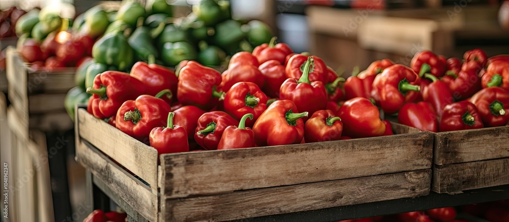 Fototapete organic red peppers displayed on a market stand fully framed. with copy space image. place for addin