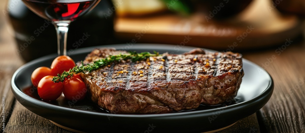 Leinwandbilder tasty grilled steak on a plate accompanied by a glass of wine. with copy space image. place for addi