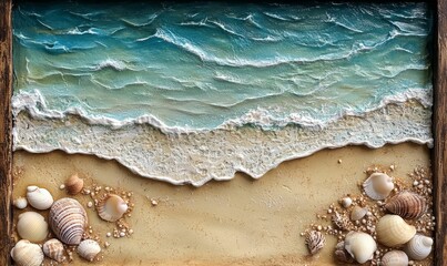 Seashells and a wave on a sandy beach.