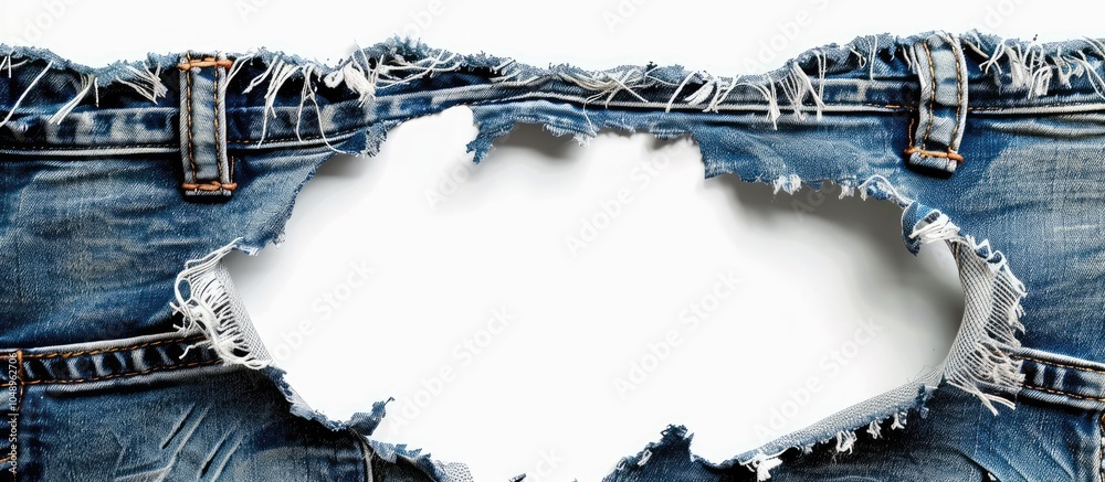 Poster close up of a hole in black jeans torn denim texture with blank space for text mockup isolated on a 