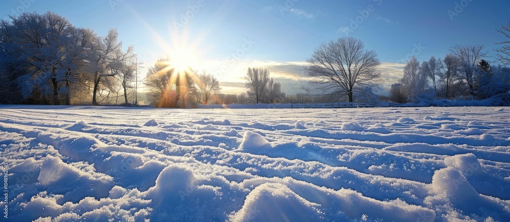 Fototapete The Sun shines low over a snow covered field on a beautiful winter day. with copy space image. Place for adding text or design