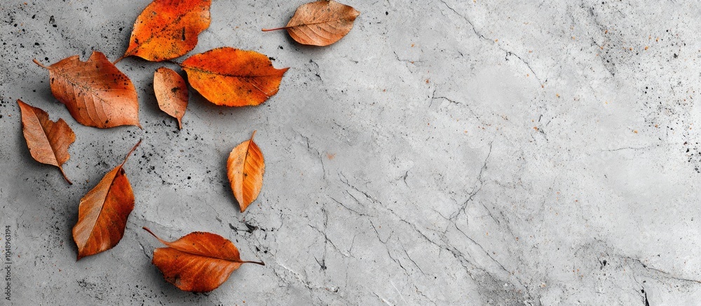 Fototapete Autumn leaves on a grey marble surface marked with scratches and spots Abstract background. with copy space image. Place for adding text or design