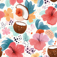 A vibrant pattern featuring tropical flowers, leafy elements, and coconuts, evoking a summery, exotic feel.