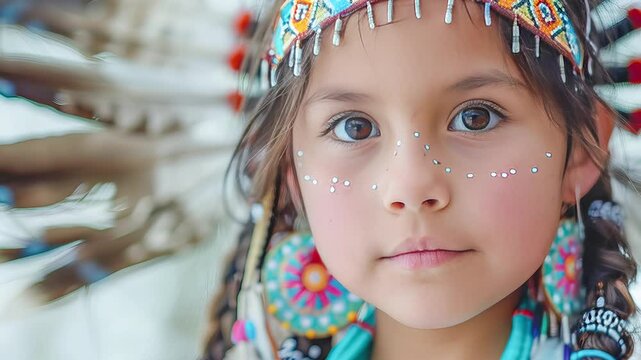 Young girl wearing traditional native american clothing posing outdoors