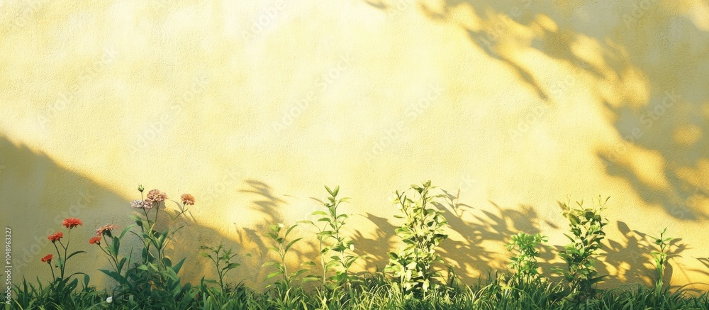 Poster on a light yellow plastered wall there is a shadow cast by grass and flowers. with copy space image.