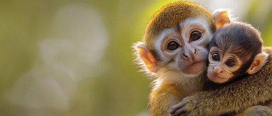 Obraz premium A tight shot of a monkey carrying a baby, its background subtly blurred