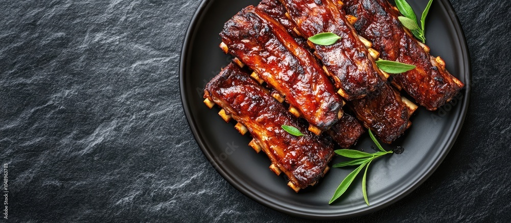 Aufkleber Close up of spicy grilled spare ribs on a plate resting on a dark stone background with copy space Top view flat lay