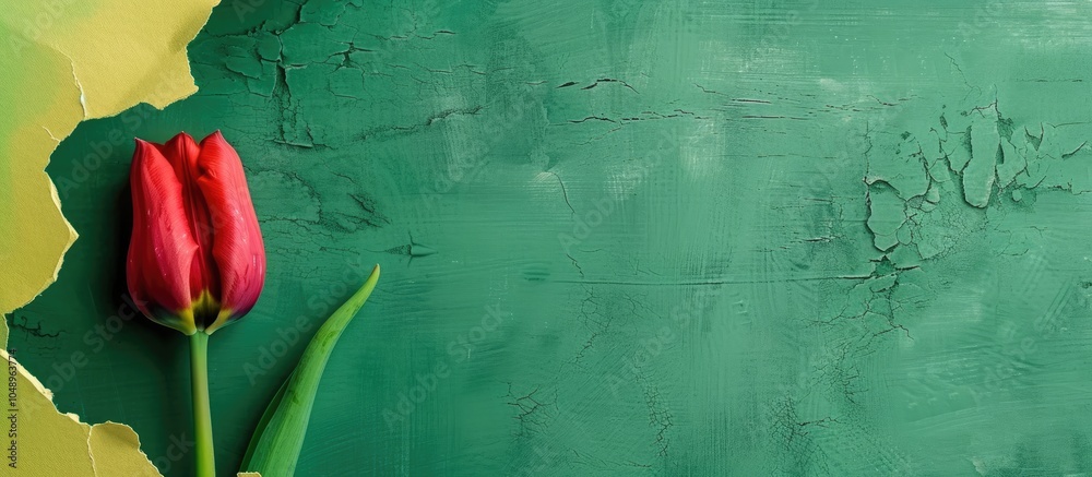 Fototapete Yellow torn paper frame featuring a red tulip on a green background with space for text in the center viewed from above in close up. with copy space image. Place for adding text or design