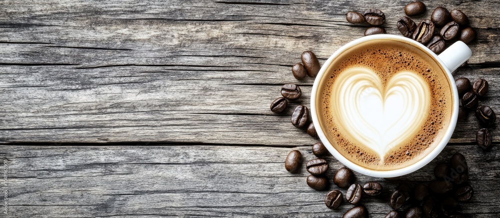 Aufkleber Cup of latte coffee featuring a heart shape accompanied by coffee beans on a weathered wooden surface. with copy space image. Place for adding text or design