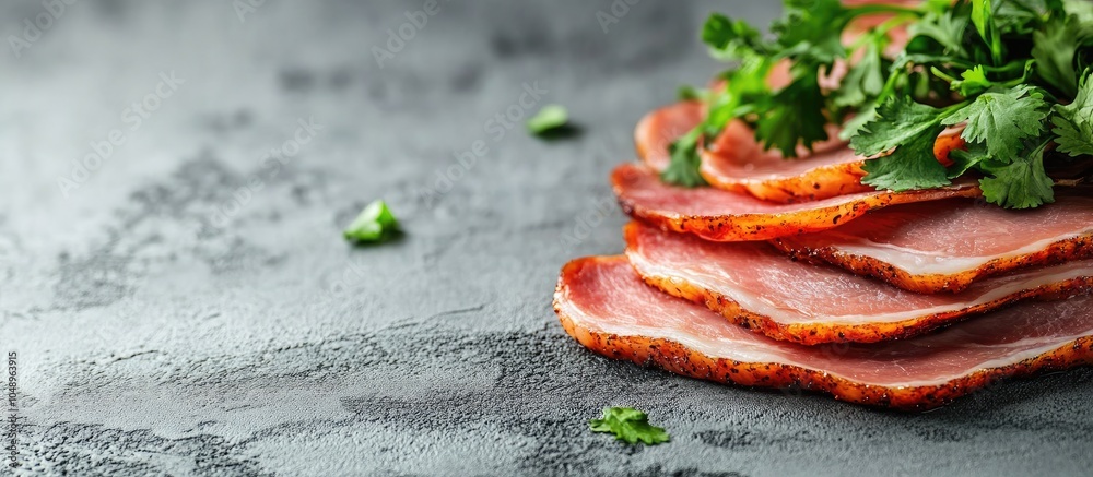 Poster Slices of smoked salted meat garnished with cilantro microgreens on a gray concrete backdrop Side view copy space