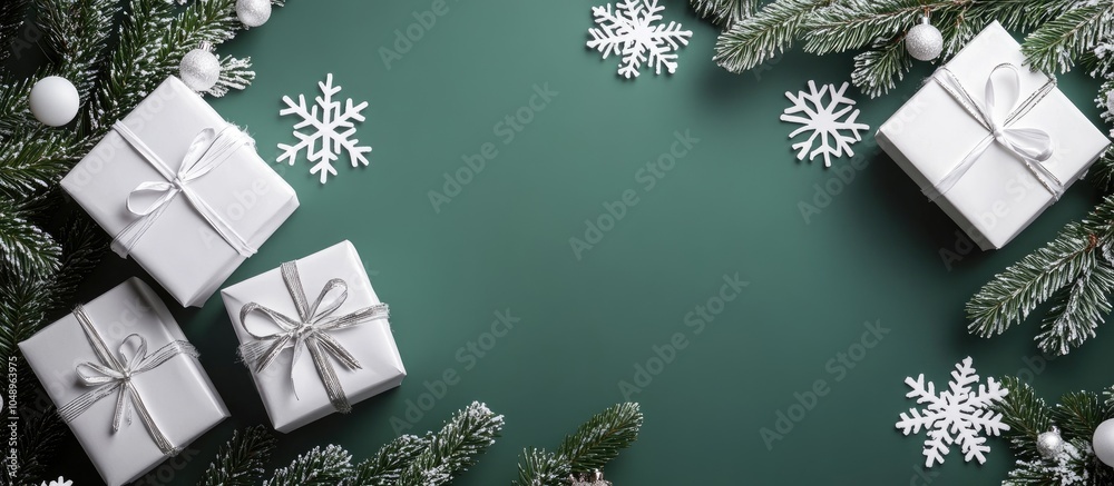 Aufkleber Christmas image featuring white gift boxes branches of a Xmas tree and white decorative snowflakes on a green background. with copy space image. Place for adding text or design