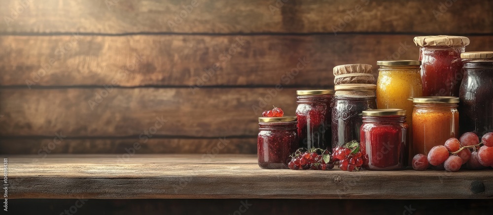 Poster A collection of various jams in glass jars on a rustic wooden backdrop. with copy space image. Place for adding text or design