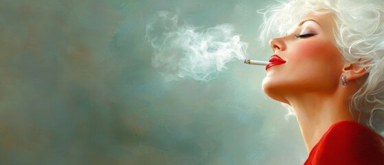 Obraz premium A painting of a woman holding a cigarette between her lips, with smoke curling from it