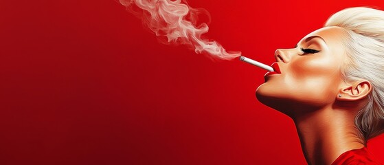 Fototapeta premium A woman holds a cigarette between her lips on a red backdrop, emitting smoke