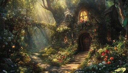 Fototapeta premium A fantasy garden with an enchanted cottage, surrounded by lush greenery and blooming flowers