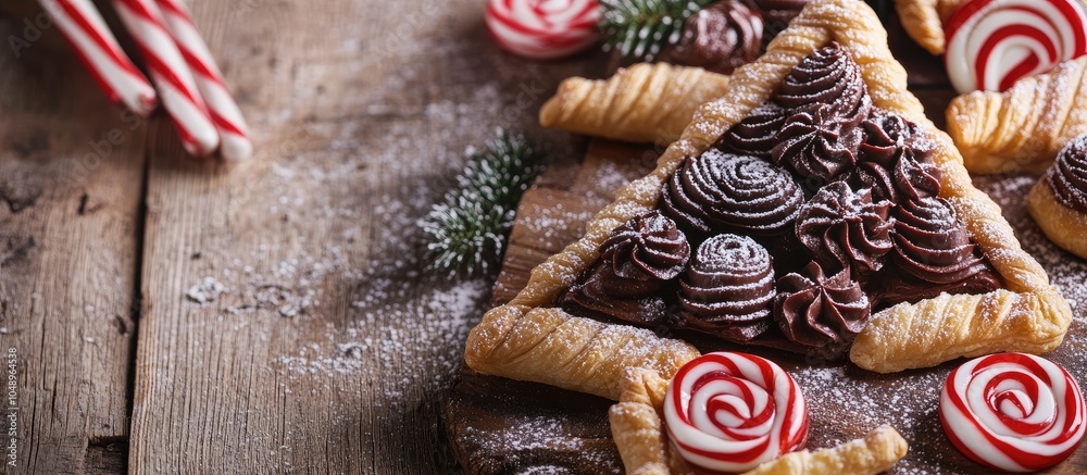 Aufkleber christmas tree shaped puff pastry cakes filled with chocolate dusted with powdered sugar and adorned