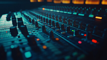 dark blue close up audio mixer control board knobs and buttons studio recording equipment