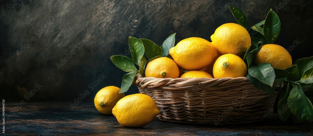 Poster dramatic studio photograph of lemons in a basket against a dark background. with copy space image. p