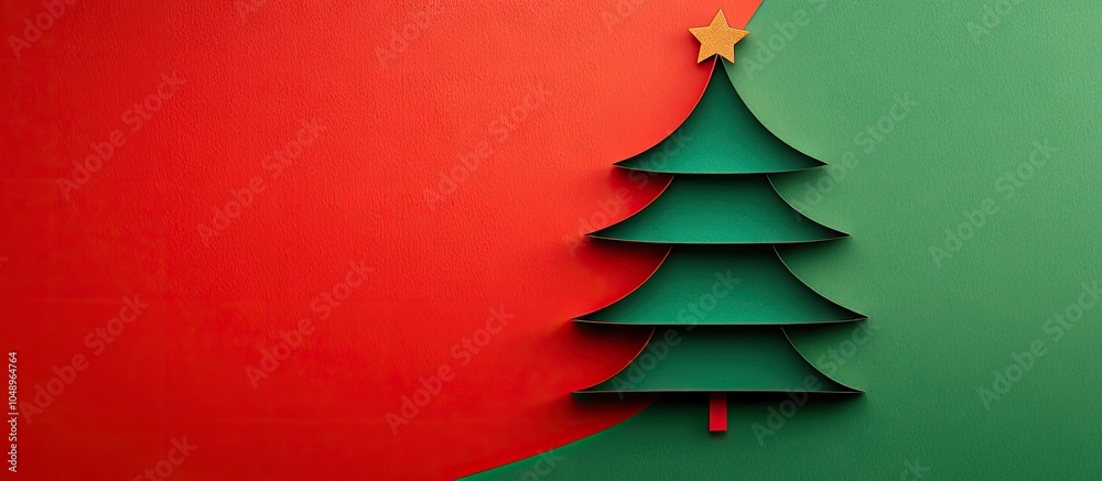 Aufkleber Happy New Year and Merry Christmas card minimalistic idea Handmade vertical paper tree cutout design Applique paper in red and green with copyspace for text
