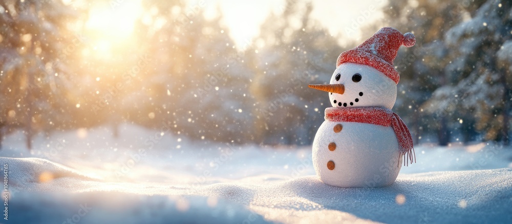 Poster snowman positioned in the snow. with copy space image. Place for adding text or design