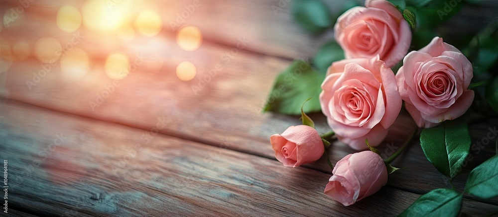 Aufkleber blurred pink rose bouquet on a wooden background with copy space valentine s theme soft focus techni