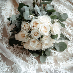 white roses wedding bouquet on lace fabric background for romantic wedding photography and decoration ideas