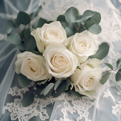 Obraz premium white rose bouquet with lace background romantic wedding floral arrangement bridal bouquet detail fresh flowers