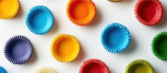 Multicolored silicone molds for baking cupcakes against a white background top view. with copy space image. Place for adding text or design