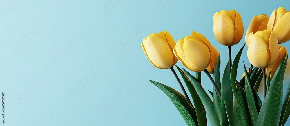 Poster A bunch of lovely yellow tulips on a blue backdrop. with copy space image. Place for adding text or design