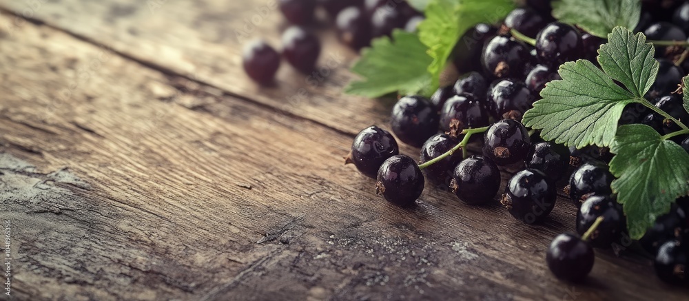 Fototapete black currant berries on a weathered wooden backdrop. with copy space image. place for adding text o