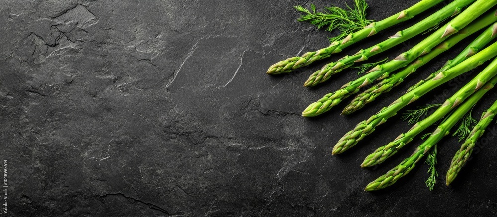 Fototapete fresh green asparagus on a black slate background. with copy space image. place for adding text or d