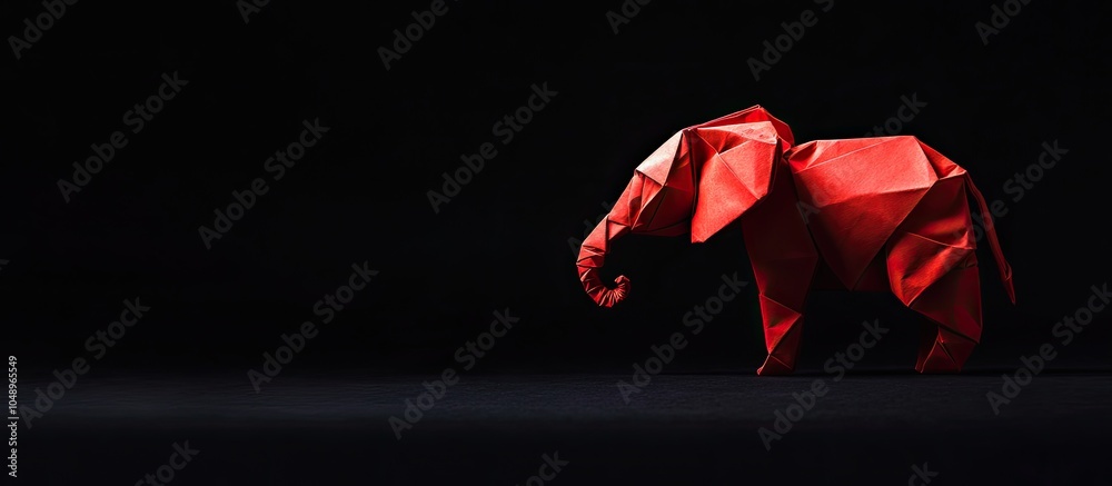 Poster Beautiful backlit scene of a red origami elephant set against a black background. with copy space image. Place for adding text or design