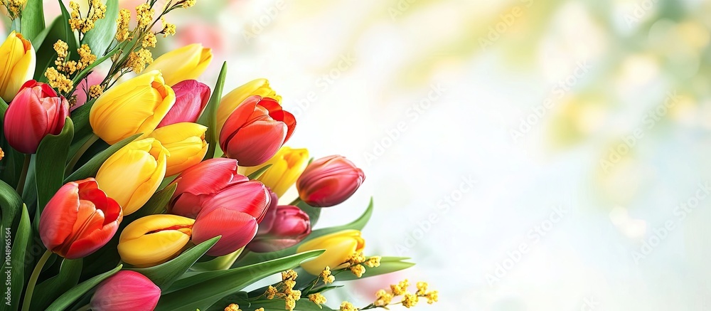 Leinwandbilder fresh tulips mimosa featuring your message. with copy space image. place for adding text or design
