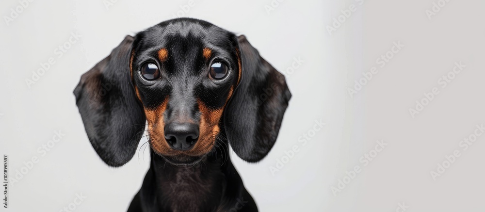 Poster portrait of a black dachshund puppy with a sad expression against a white background with copyspace