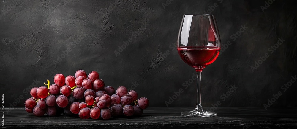 Aufkleber a side view of a glass of red wine and grapes on a black wooden table. with copy space image. place 