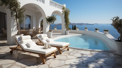 Enjoy summer vibes on a terrace with deck chairs overlooking a beautiful sea view, framed by traditional Mediterranean architecture.