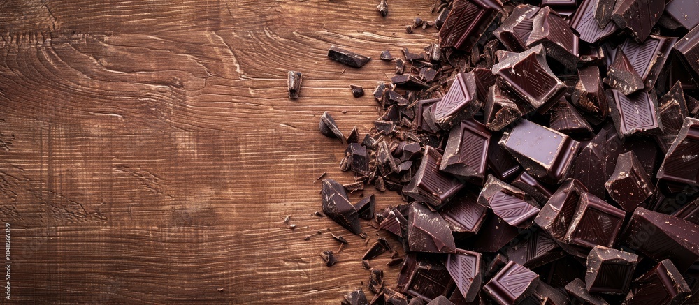 Leinwandbilder Chopped chocolate on a wooden surface with space for text. with copy space image. Place for adding text or design