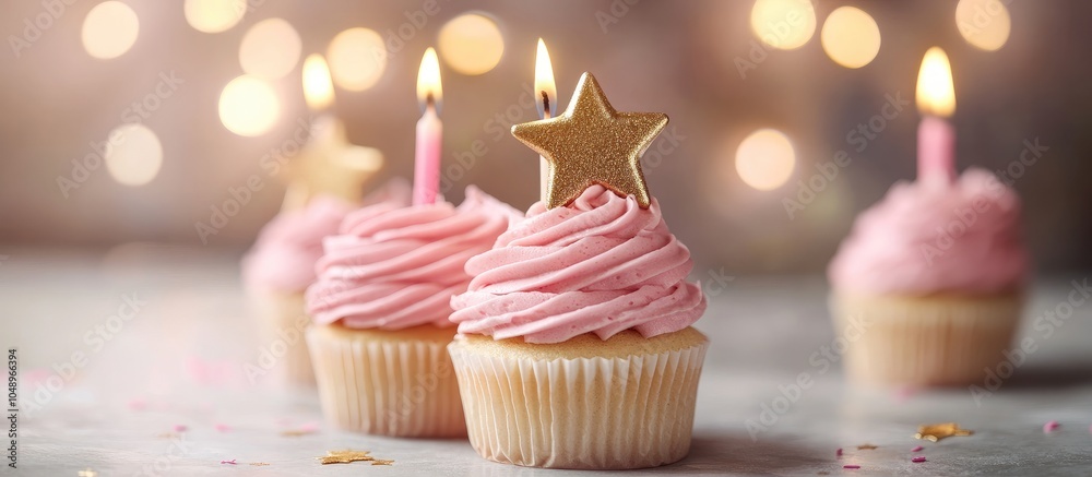 Poster Golden star shaped candles on cupcakes with pink buttercream frosting Birthday cupcakes Party treats. with copy space image. Place for adding text or design