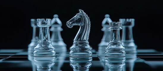 chess knight confronting rivals on a glass board against a black backdrop with copy space