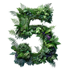 Green number five made of lush plants and trees, isolated on a white background. PNG transparent.