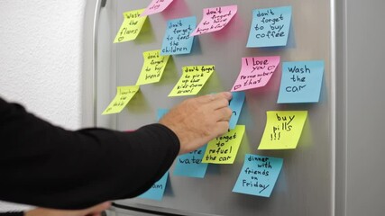 Man Putting, Checking and Removing Colorful Sticky Notes With Appointments and Things to Do on Door of Refrigerator