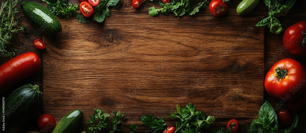Fototapete a selection of raw organic vegetables arranged as a frame on a blank wooden chopping board dark tone
