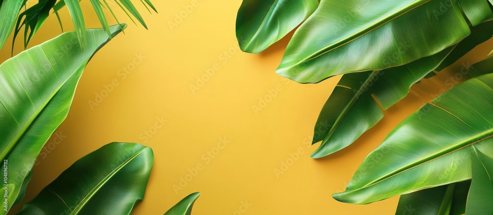 Aufkleber fresh green banana leaf on a colored background with space for text tropical foliage. with copy spac