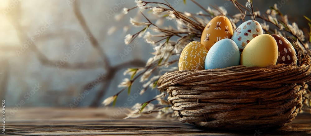 Leinwandbilder easter eggs in a basket alongside willow branches on a wooden surface. with copy space image. place 