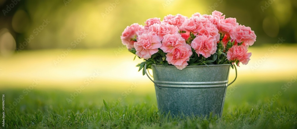 Aufkleber Blooming pink carnation flowers in a tin bucket placed on the grass. with copy space image. Place for adding text or design