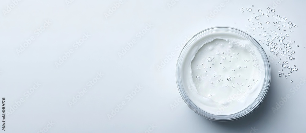 Poster Shower cream in a petri dish with a plastic lid on a white lab table Chemical component for cosmetic and toiletry products Top View. with copy space image. Place for adding text or design