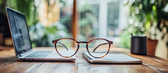 Workspace featuring a laptop notebook and glasses on a wooden table Remote work Home based work Blurred background. with copy space image. Place for adding text or design