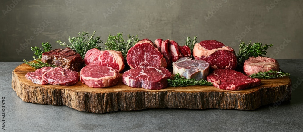 Leinwandbilder A vertical side view showcases various cuts of beef especially the marbled diaphragm steak elegantly arranged on a wooden board set against a gray background. with copy space image